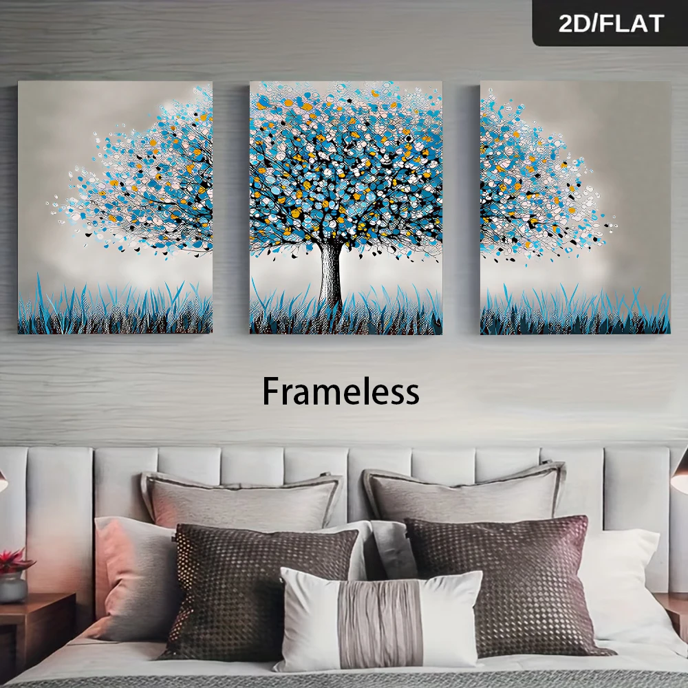 1 set of modern minimalist three-panel frameless decorative painting, featuring a fresh blue-gray tone, 2D flat surface
