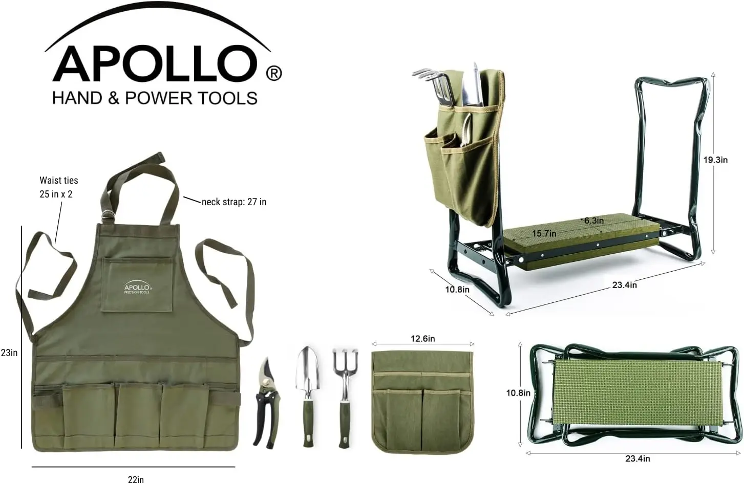 llo Tools 6 Piece Garden Set With Foldable Seat Adjustable To Kneeler Position, Washable Green Apron With Deep Pockets, And