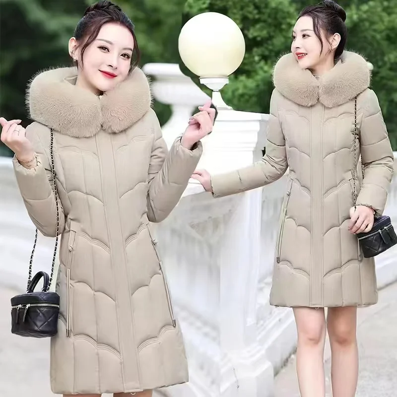 2024 Winter Parkas Women Cotton-Padded Jacket Women's Fur Collar Cotton Liner Jacket Slim Long Thick Coat Hooded Female Pink