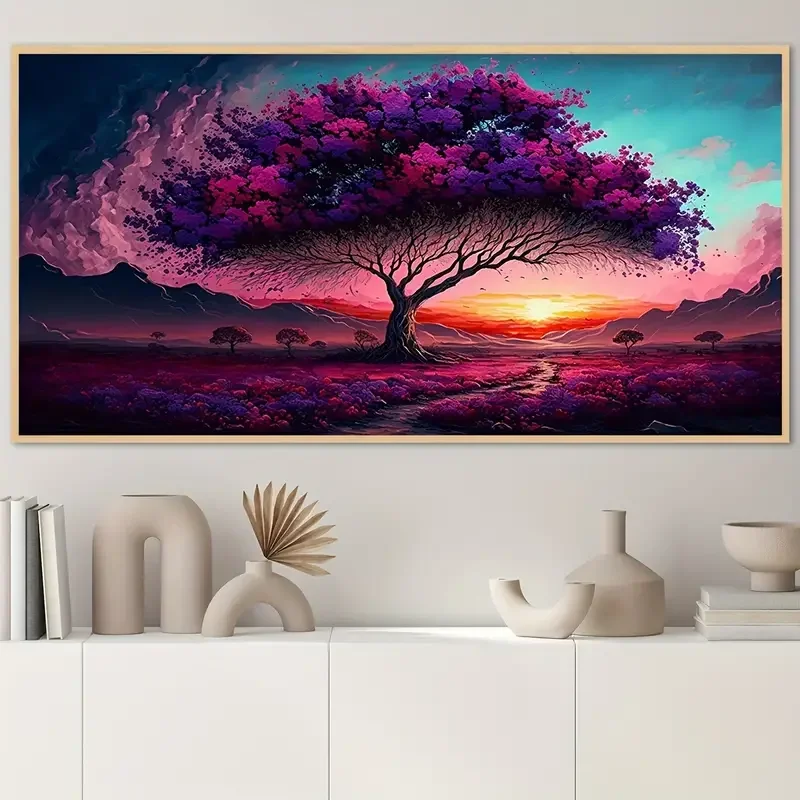 Large-sized 1pc frameless Canvas Painting 1pc Unframed Canvas Poster, Modern Art, Sunset Romantic Purple Tree Wall Art, Ideal Gi