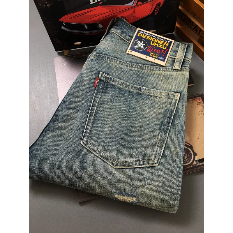 

Мужские тяжелые джинсы с нашивкой с рваными дырками, новинка 2023 года, американские ретро неэластичные свободные прямые ностальгические длинные брюки