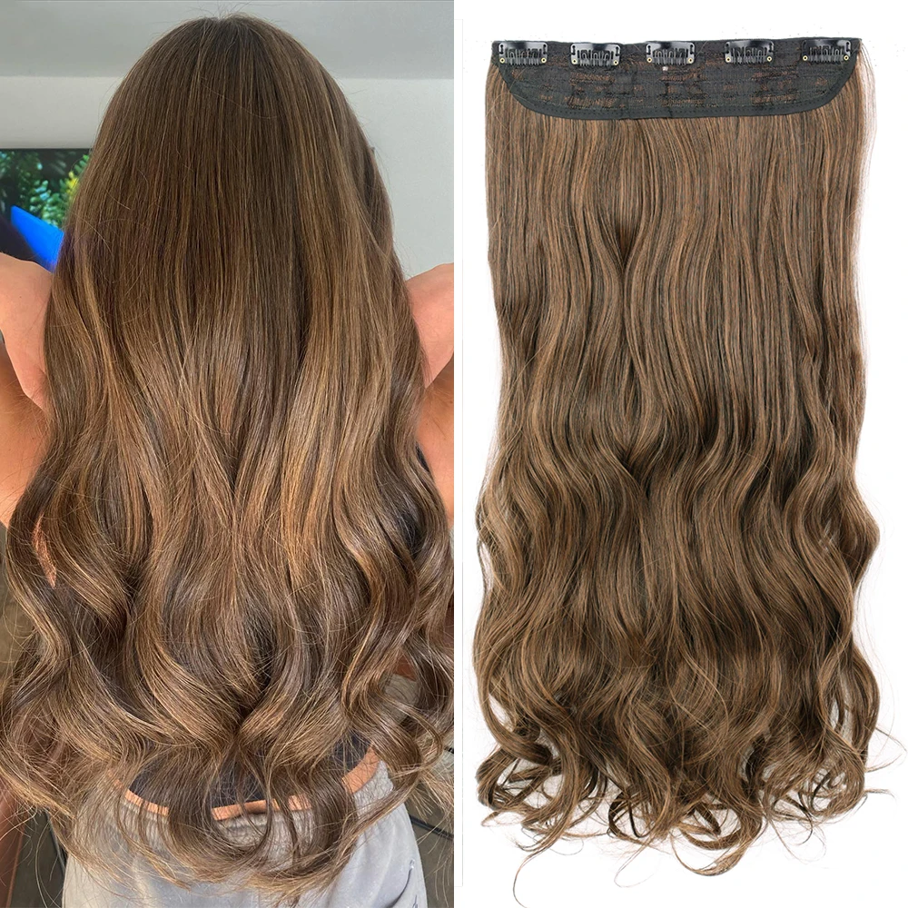 Extensiones de cabello de una pieza para mujer, 5 Clips de pelo falso, color marrón, sintético ondulado largo, postizo resistente al calor peinados