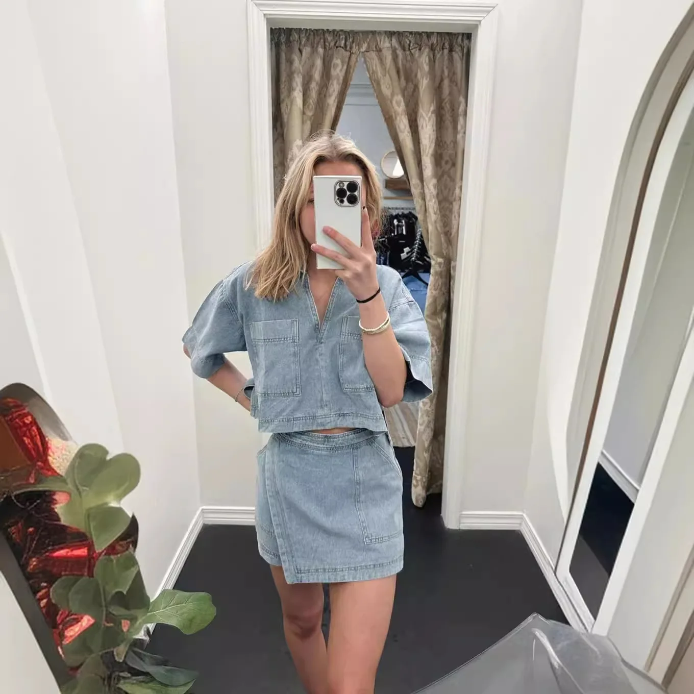 

SKMY Comfortable Casual Denim Suit For Women Summer Loose V-Neck Short Sleeve Tops Irregular Shorts Skirts Two Piece Sets