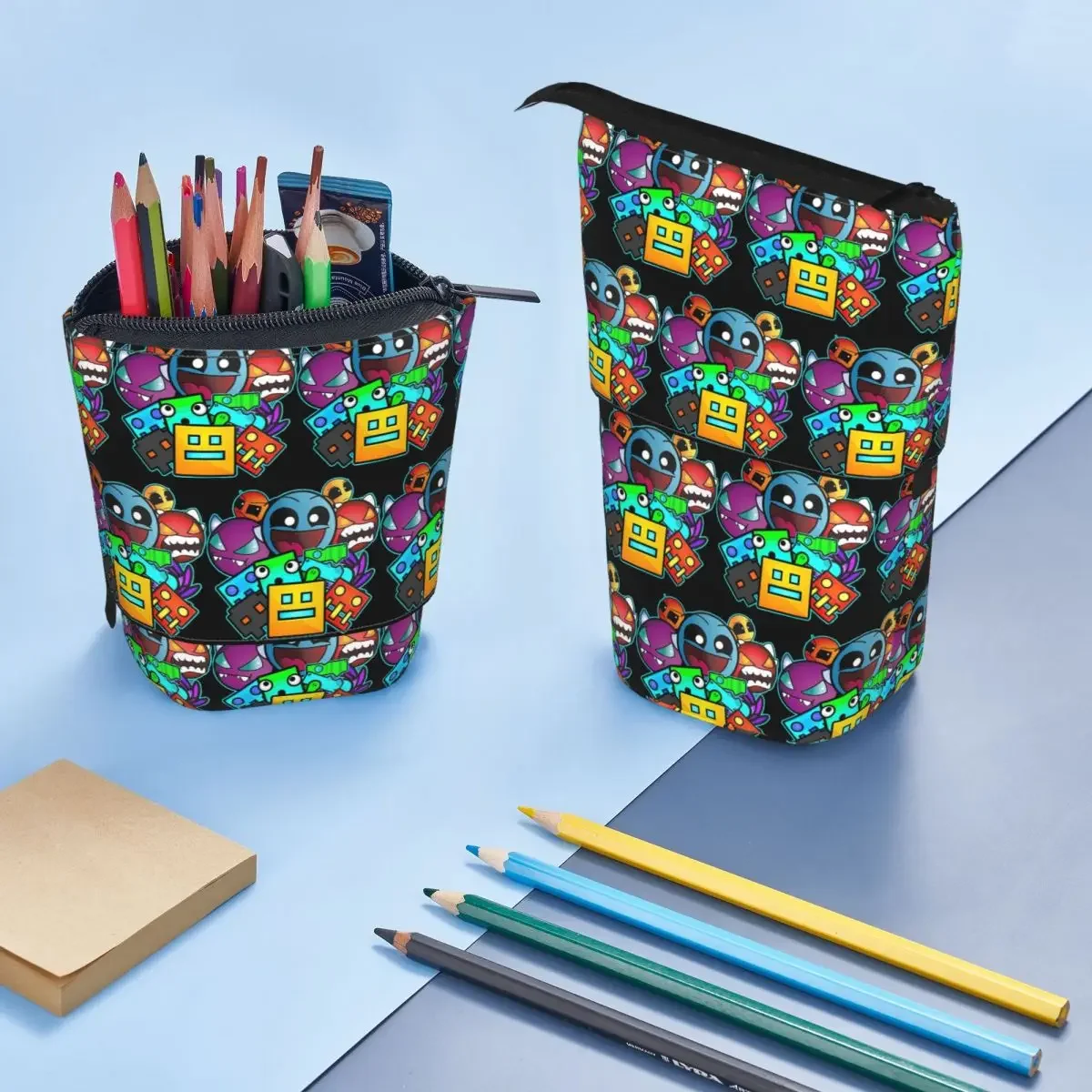Geometry Dash Game Music Cute Geometric Reversible Pencil Case for Boy Girl School Pen Box Pencil Bag Stationery Supplies
