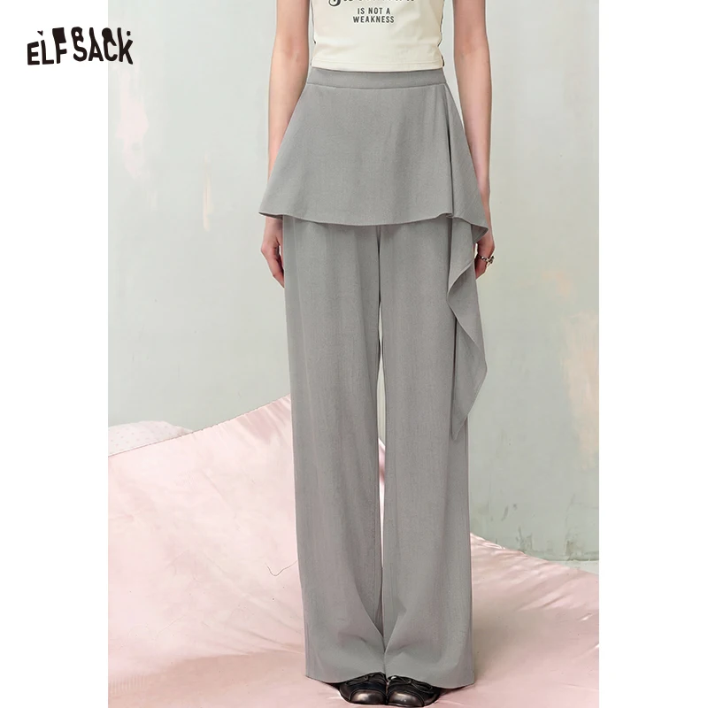 ELFSACK Women's 2-in-1 Wide Leg Pants with Skirt Overlay, Asymmetric Ruffle Layered Trousers, Casual High Waist Solid Color Bott