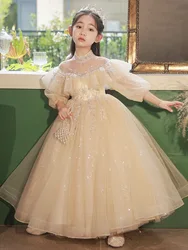 Newest Girls Formal Gala Ball Gowns Children Piano Performance Elegant Princess Dress Kids Birthday Party Luxury Shiny Costumes