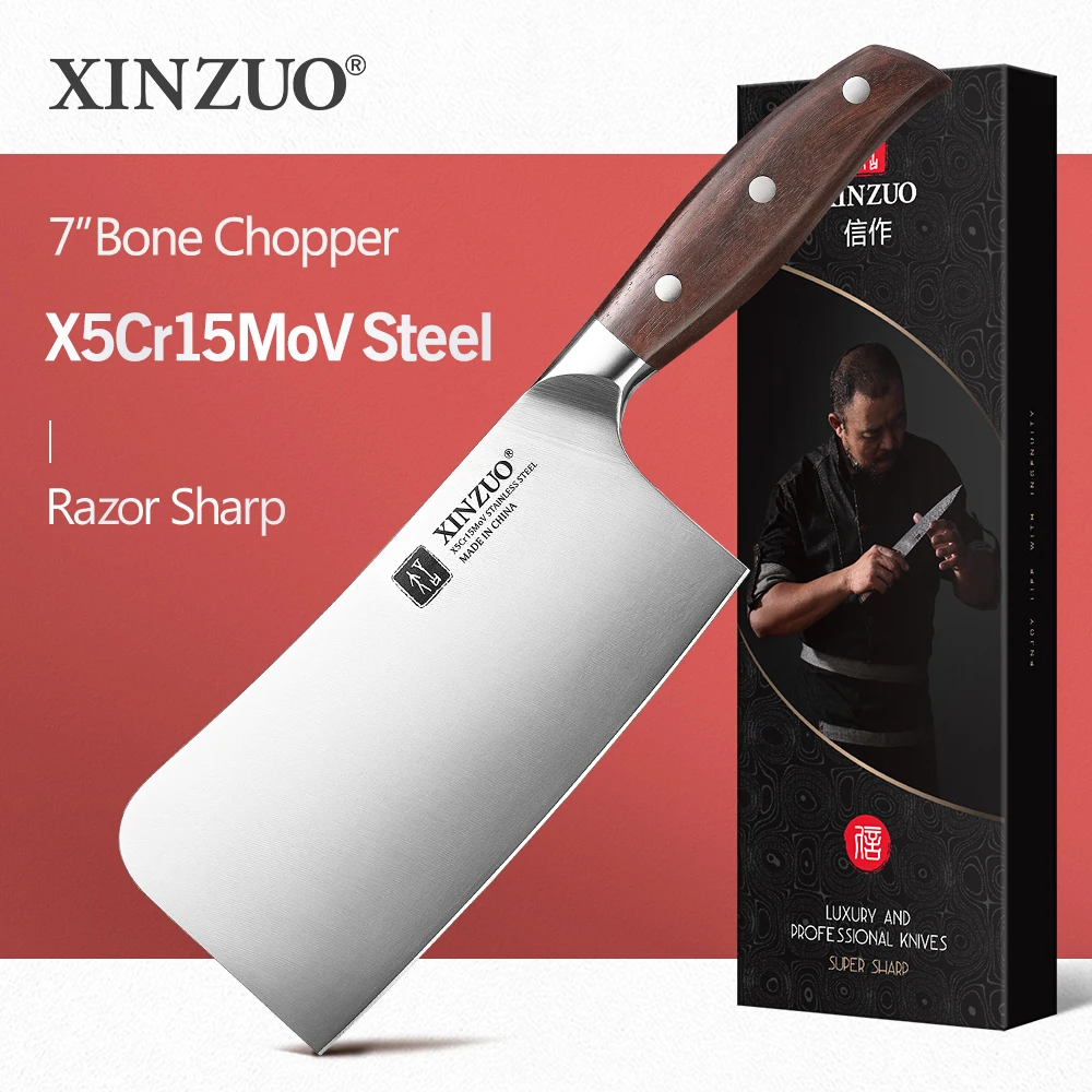 

XINZUO 7'' inch Bone Chopping Knife X5Cr15MoV Steel Stainless Steel Razor Sharp Household Kitchen Knives Red Sandalwood Handle