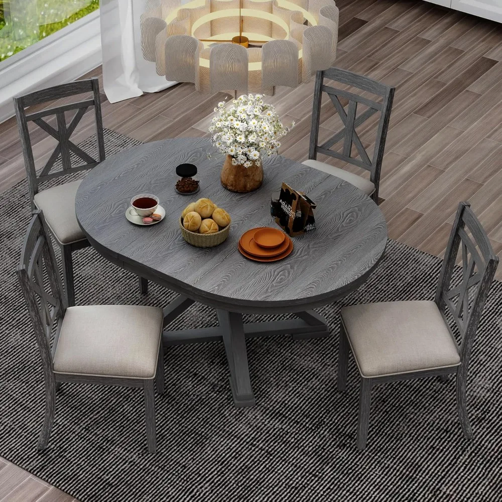 طقم طاولة طعام مستديرة قابلة للتمديد مكون من 5 قطع مع 4 كراسي منجدة