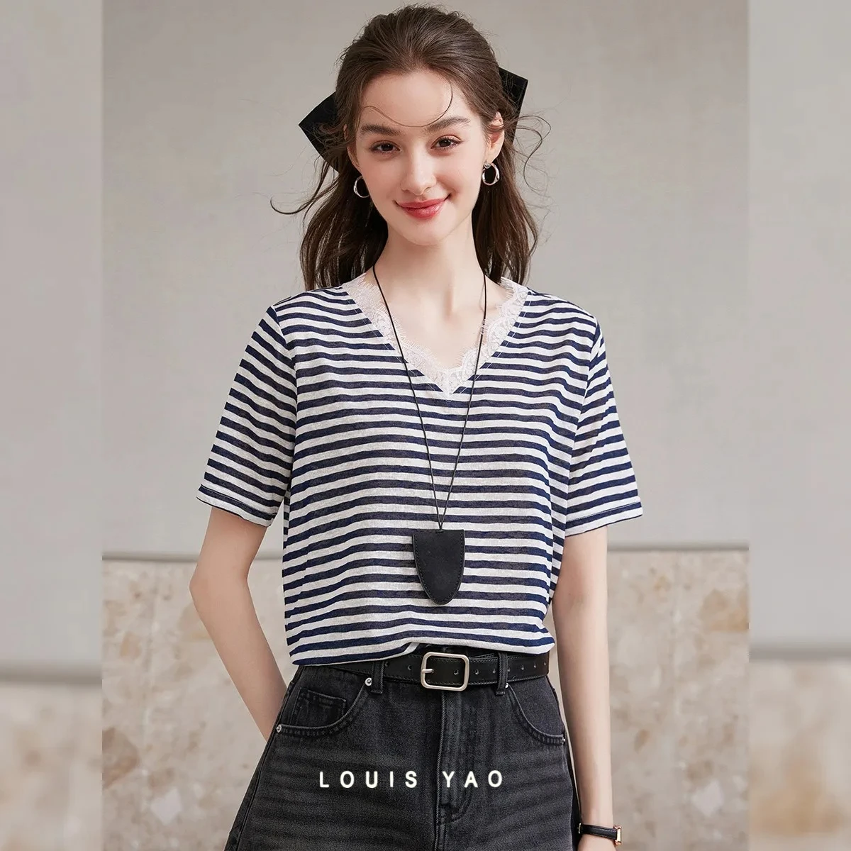

LOUIS YAO Stripe Lace Trim Women's T-Shirt 2026 Spring Summer Sweet Color Block Short Sleeve V Neck Pullover Top for Women