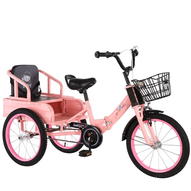

tricycle bicycle with iron bucket 2-12 years old double seat folding bicycle