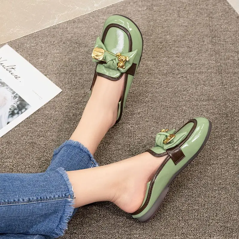 Shoes for Woman 2024 Round Toe Women\'s Summer Footwear Kawaii Moccasins Flats Cute Flat Green Stylish Chic and Elegant Shoe 39 E