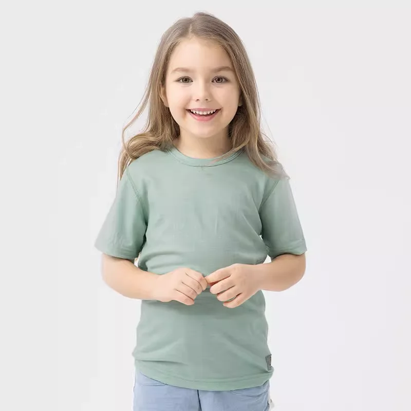 Kids T-Shirt 100% Merino Wool Solid Color Parent-Child Matching Outfits Comfortable Soft Breathable Casual Short Sleeve Tee