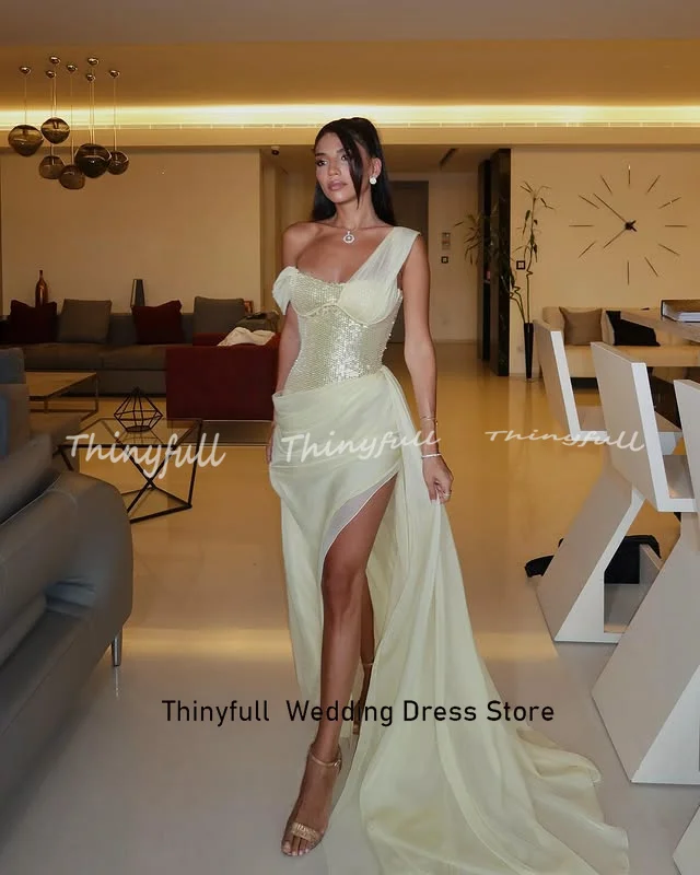 Thinyfull Mermaid 두바이 댄스 파티 드레스 민소매 쉬폰/스팽글 이브닝 파티 가운 스플릿 롱 드레스 로브 드 soirée 맞춤형