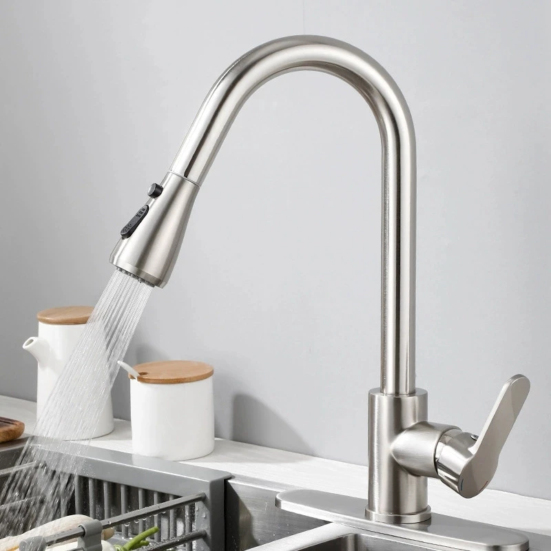 

Смесители для горячей и холодной воды из нержавеющей стали на кухне можно вращать, выдвинутые и расширенные для использования в кухне и в ванной комнате.