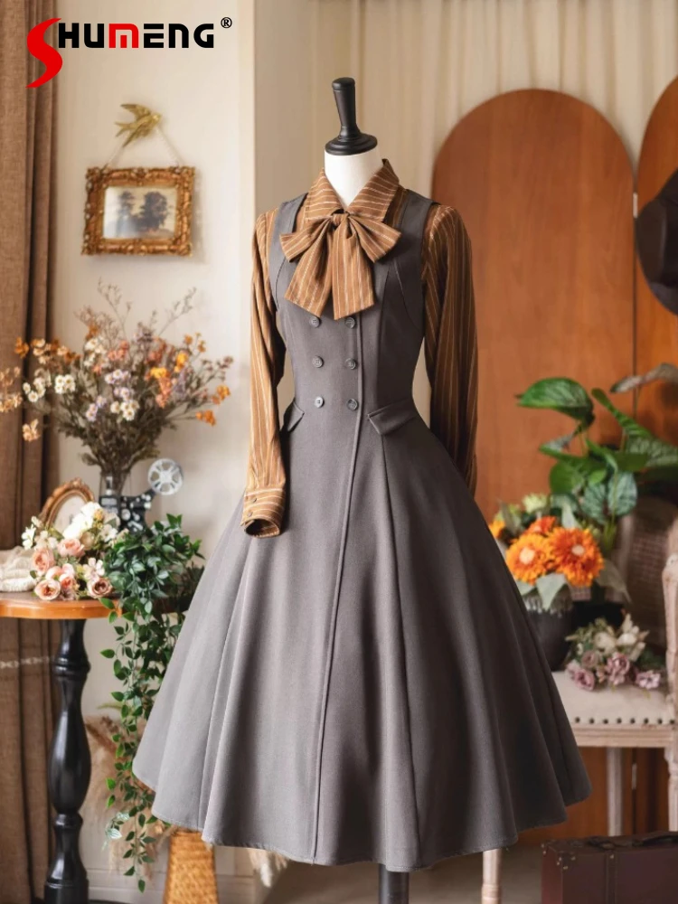 

Original British Retro Elegant Lolita Long Dress Shirt Set Autumn 2025 Women's Slim Sleeveless Dress Striped Long Sleeve Blouse