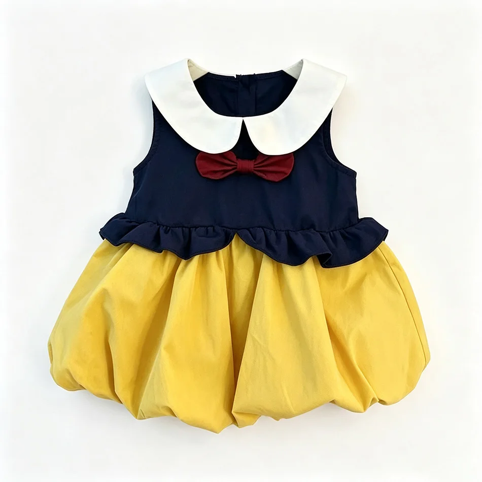 Korean Style Baby Girl Bubble Dress Contrast Dark Blue Yellow Color Doll Collar Chest Bow Decor for Birthday Casual Wear