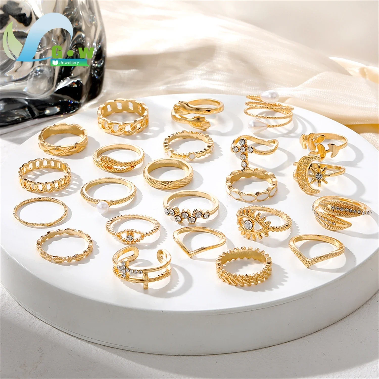 Multi Joint Stackable Ring Set Featuring Diamond Studded Eye Leaf Pearl Sun Moon Charms Adjustable Fashion Jewelry For Women