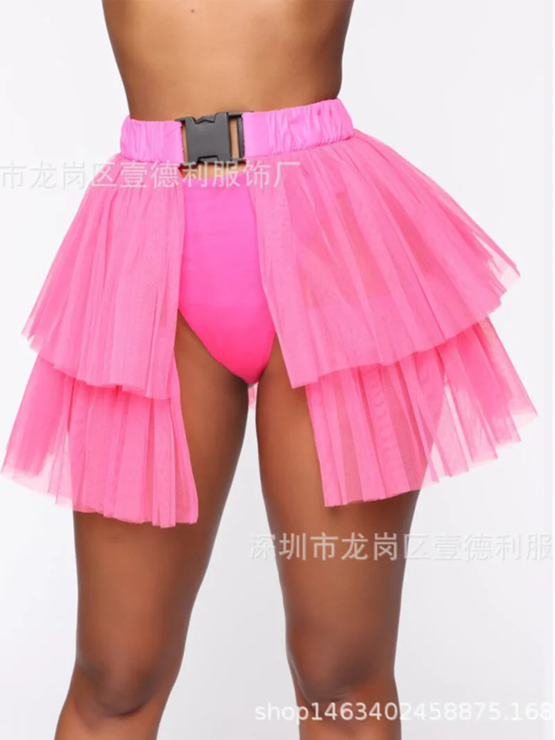 

FestivalQueen Neon Mesh Transparent Buckle Skirts For Women Pleated Tulle Loose Patchwork Sexy Mini Chic Skirt Beautiful ClI7DQ