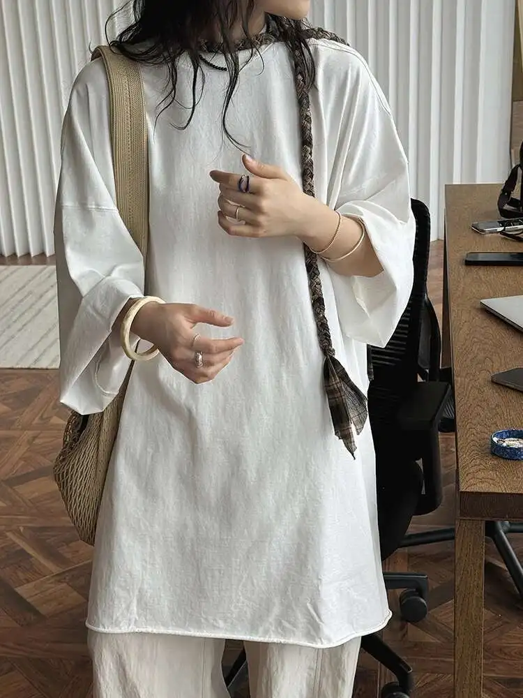 Women White Brief Big Size Casual T-shirt New Round Neck Three-quarter Sleeve Fashion Tide Spring Autumn