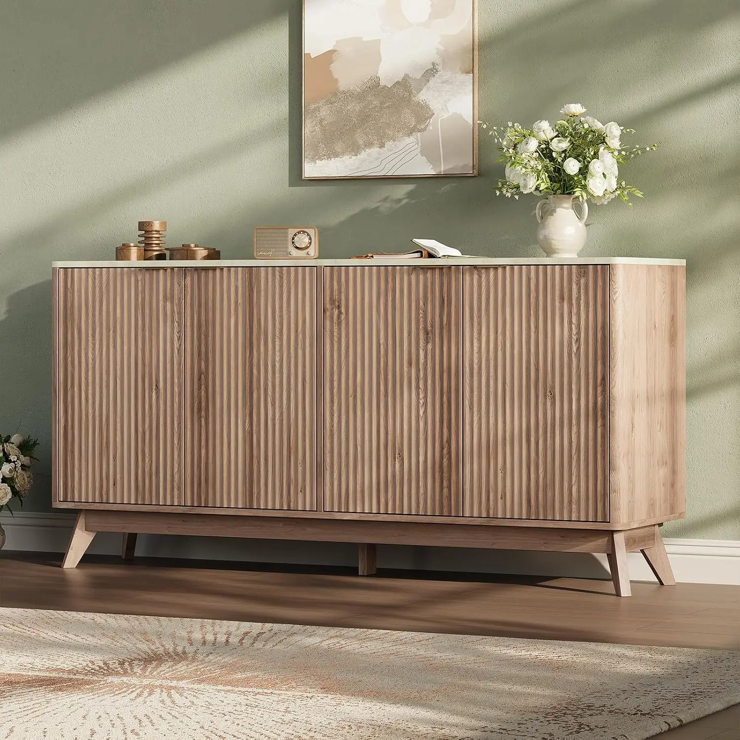 59'' Sideboard Buffet Storage Cabinet with Marble Top, Fluted Cabinet with Rounded Corners, Modern Buffet Table, Customized