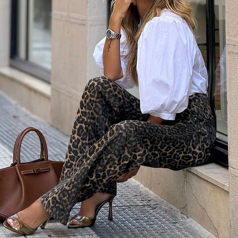 2025 Spring and Summer New Women's Vacation Chiffon Leopard Pattern Elastic Waist Pocket Loose Work Pants