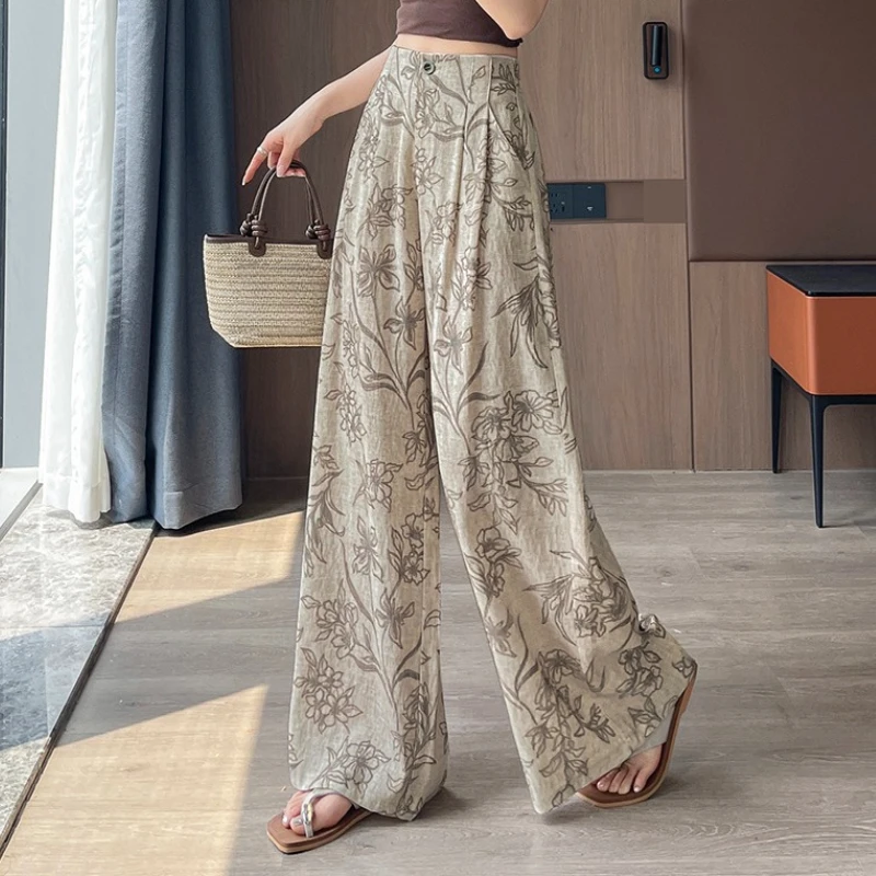 โซลวินเทจผ้าฝ้ายและผ้าลินินลายดอกไม้พิมพ์กางเกงขากว้างของผู้หญิง 2025 ใหม่เอวสูงปุ่มเดียวกางเกงหลวมๆสบายๆ