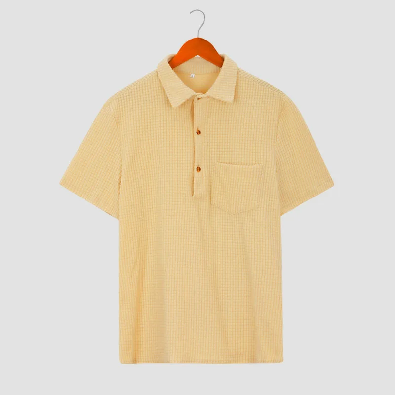 Men's clothing 2025 summer Hong Kong style waffle style simple and versatile solid color single breasted lapel men's shirt top