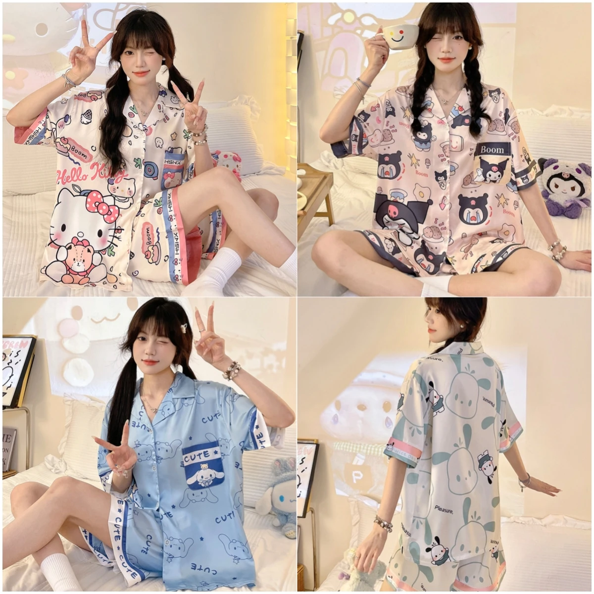 

Kawaii KT Kuromi для девочек, летний кардиган из 2 предметов, шорты с короткими рукавами, костюм в стиле аниме, женские мягкие пижамы Cinnamoroll Pochacco, одежда для сна, подарок