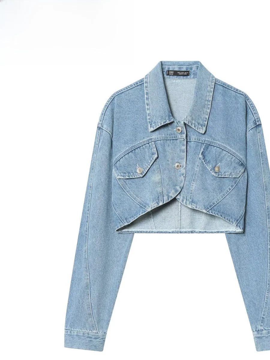 

ZARK Spring Faion ort Denim Jaet Women's Coat Sli Personali European Sle Polyester Fiber Long Sve Button Clo...