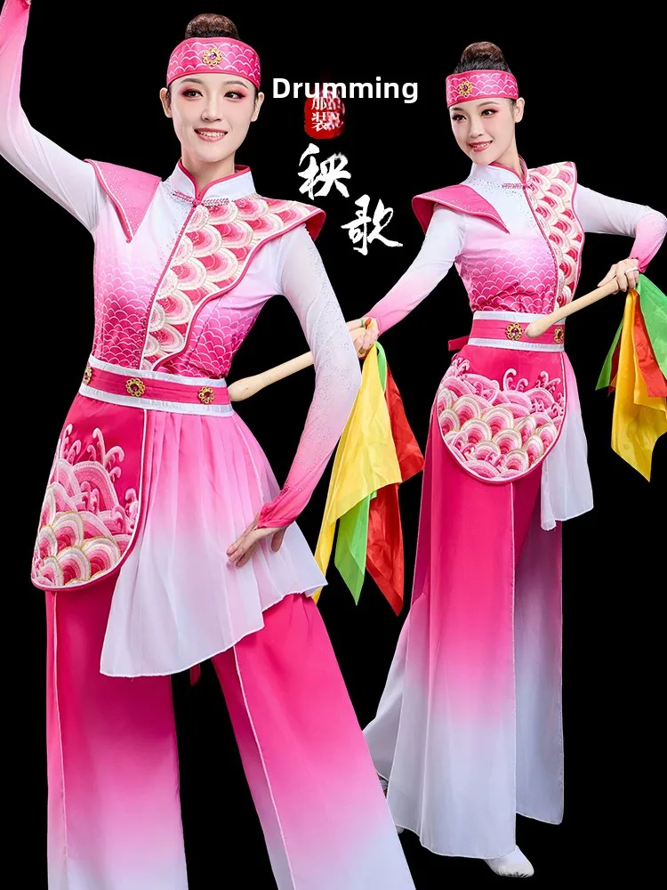 

Новый женский костюм для выступлений 2025 года: праздничный костюм для танца с барабанами, танца дракона, танца с поясными барабанами, танца с барабанами-петухами, для сценических выступлений.