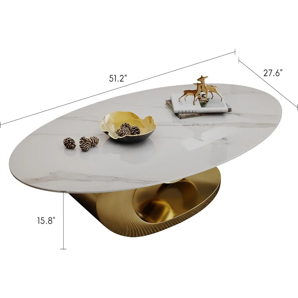طاولة قهوة حديثة بحجر بيضاوي مع قاعدة معدنية ذهبية - قطعة مركزية أنيقة لغرف المعيشة الأنيقة - 55.1 بوصة Lx31.5 Wx16 H