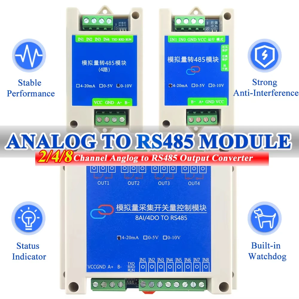 Moduł konwersji analogowy 4-20mA 0-5V 0-10V na RS485 Modbus RTU protokół 2 4 8 kanałowy cyfrowy moduł transformacji RS485