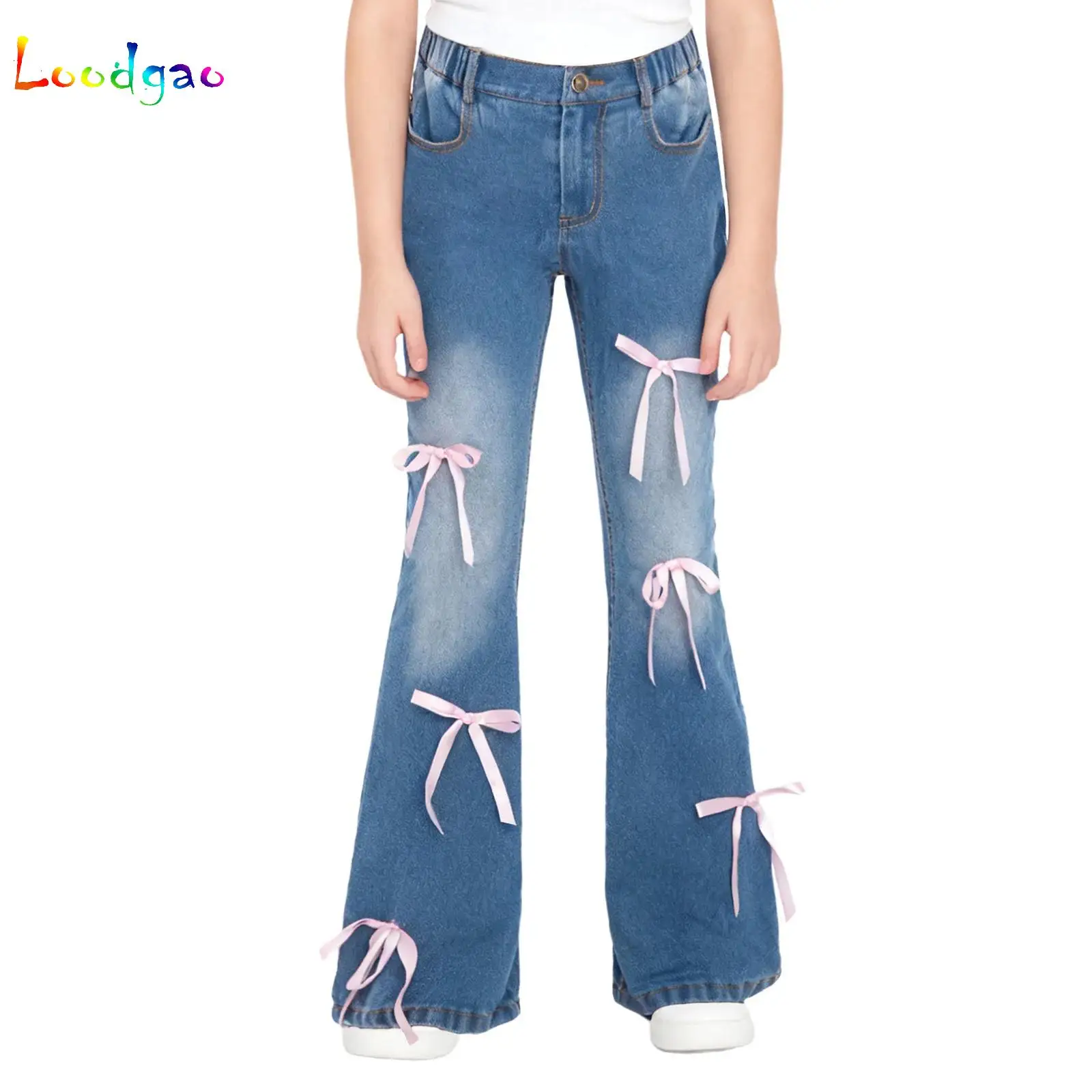 

Kids Girls Cute Bows Flared Jeans Fashionable Streetwear Elastic Waist Bell-Bottom Denim Pants with Pockets for Park Birthday