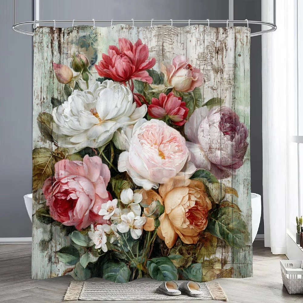1 Piece Colorful Floral Shower Curtain, Bathroom Decorative Shower Curtain, Waterproof Shower Curtain with Hooks