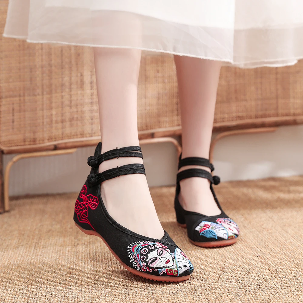 Veowalk Beijing Opera Embroidered Women Cotton Fabric Ballet Flats Ankle Strap Elegant Ladies Casual Soft Canvas Flat Shoes