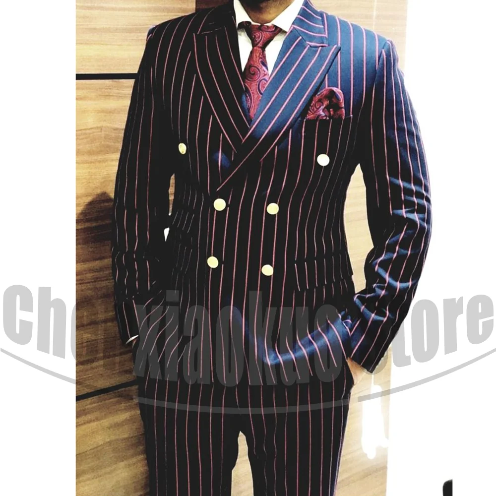 

Men Suits Multiple Striped Slim Double Breasted Peak Lapel Wear Fashion Casual Business Formal Male Suit 2 Pieces (Blazer+Pants)