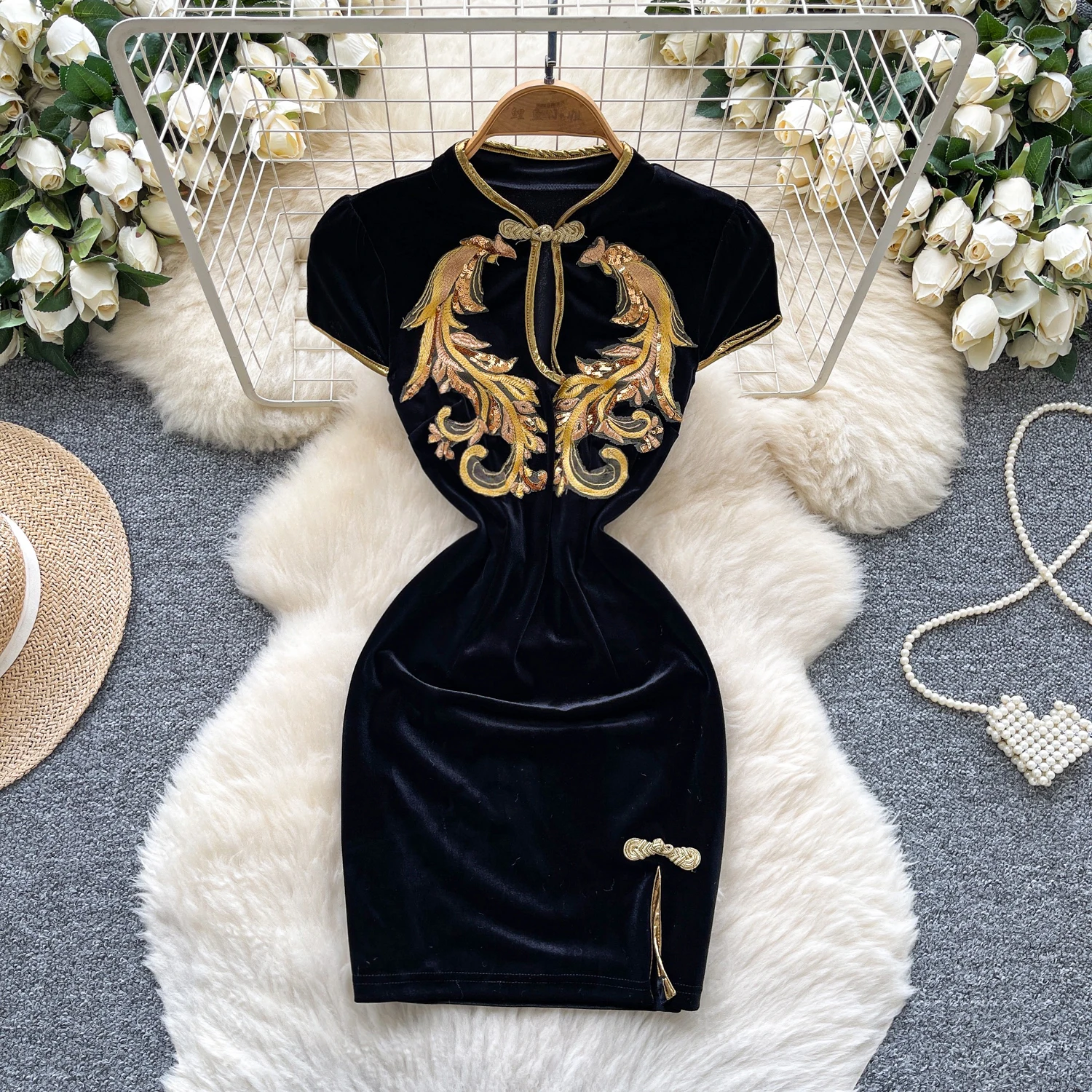 Chic vintage Embroidered split hollow out slim Elegant Fairy korean fashion Boho Sundress women clothing