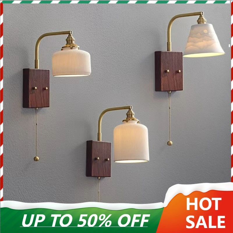 

Retro Movable Walnut Ceramic Wall Lamp, New Chinese Style Bedside Background Wall Lamp, Homestay Wire Full Copper Lamp