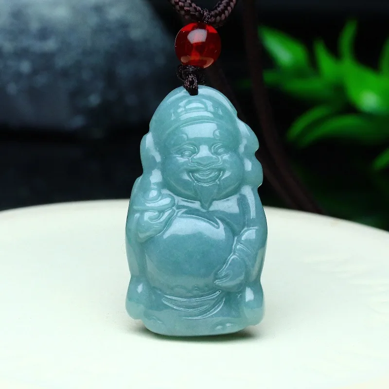 

New Natural Real Emerald Blue Water God of Wealth Pendant Myanmar Jadeite Necklace Jewelry Charm Designer Vintage Talismans