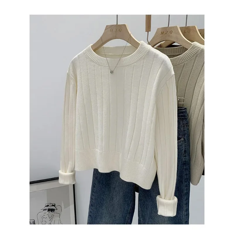 Jersey de color sólido para mujer, suéter suelto con cuello redondo, suéter de otoño e invierno