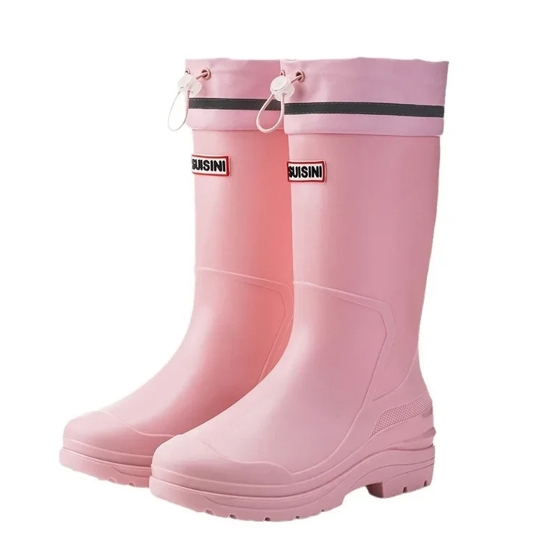 New Women Fashion Mid-calf Slip-on Rain Boots Female Outdoor Kitchen Rainboots Waterproof Woman Water Shoes Wellies Boots