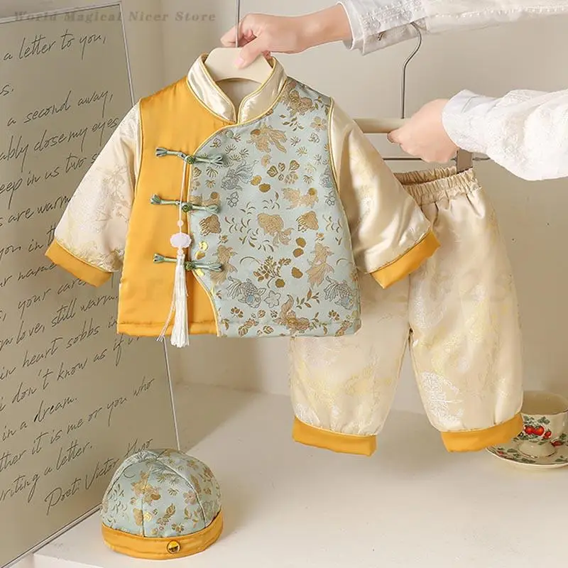 

Осенне-зимний детский костюм Тан, традиционная утепленная плюшевая одежда Hanfu для малышей, китайский весенний фестиваль, новогодняя одежда