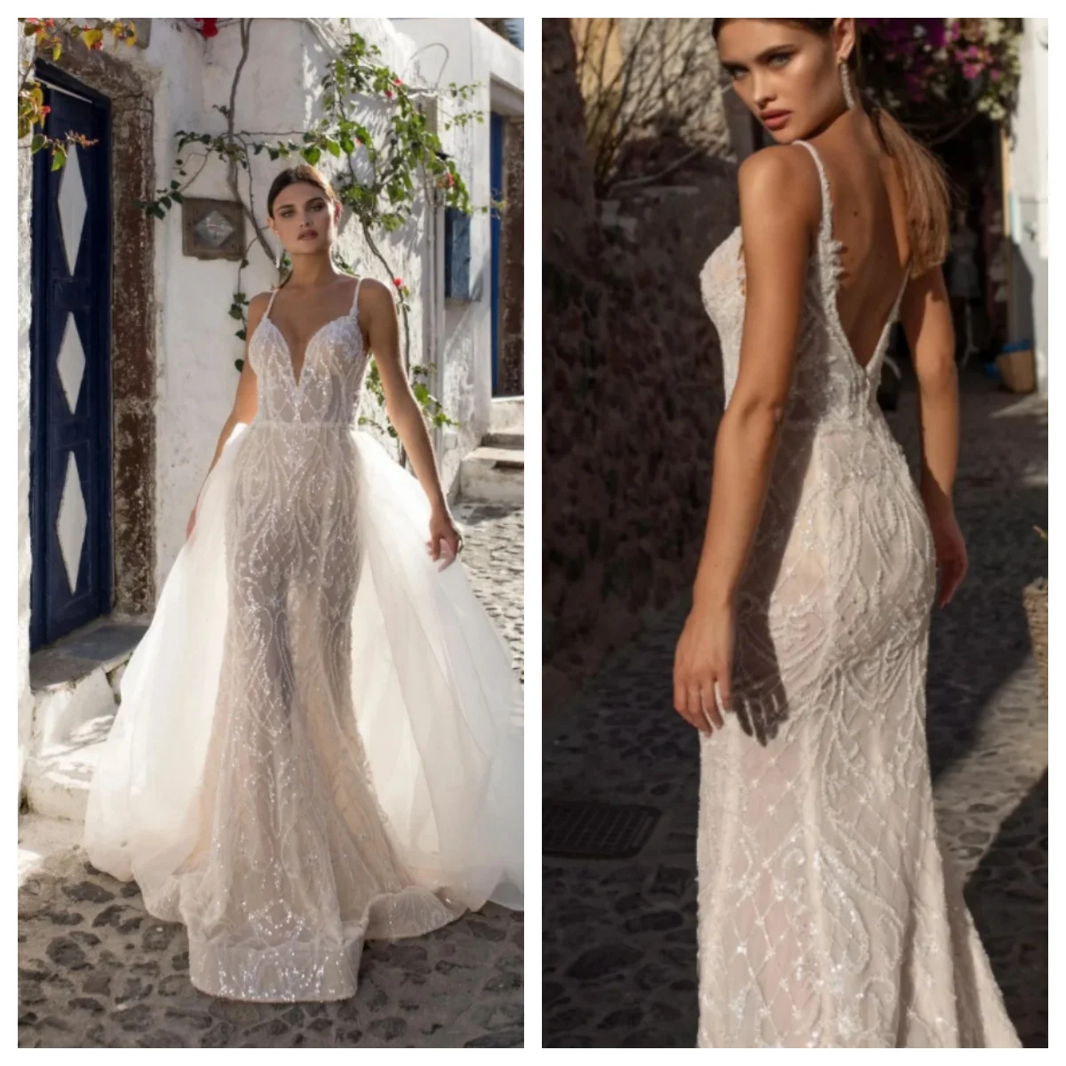 

Sexy Sequins Mermaid Wedding Dress Sparkly Applique Spaghetti Strap Sleeveless Bride Gown Tulle Sweep Train Bridal Dresses