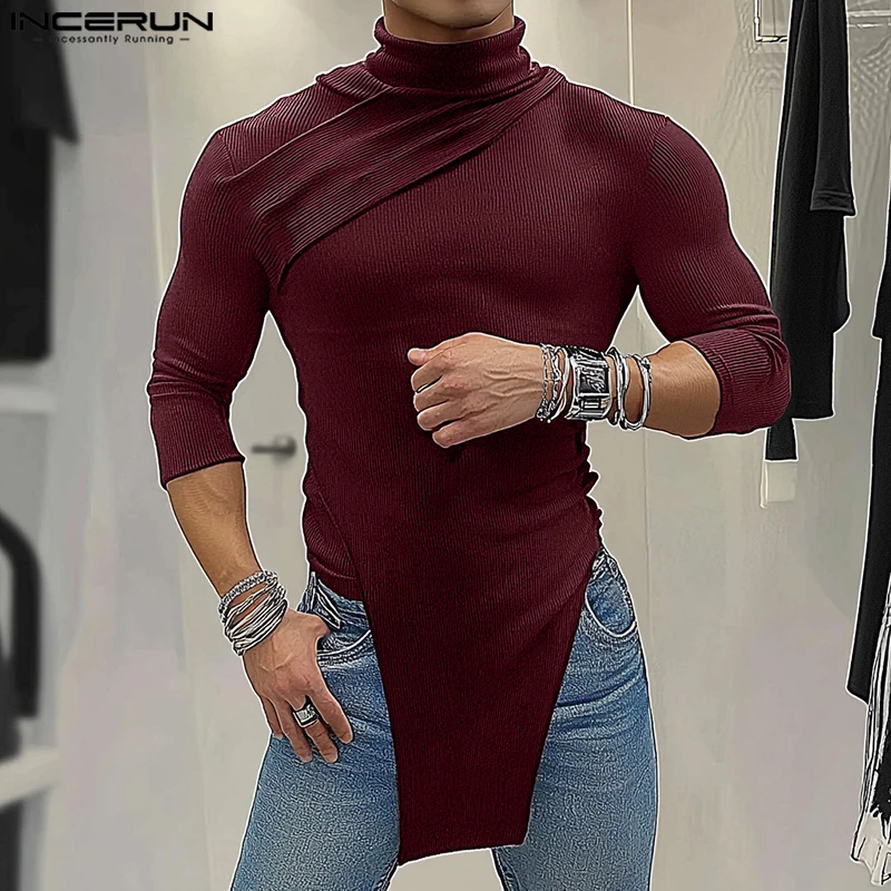 INCERUN Tops 2024 American Style Men's Fashion Semi High Neck Striped T-shirts Casual Simple Irregular Hem Long Sleeved Camiseta