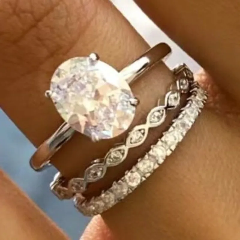 

Dazzling Women Rings Silver Color Round White Stone Rings Set Party Accessories Gift