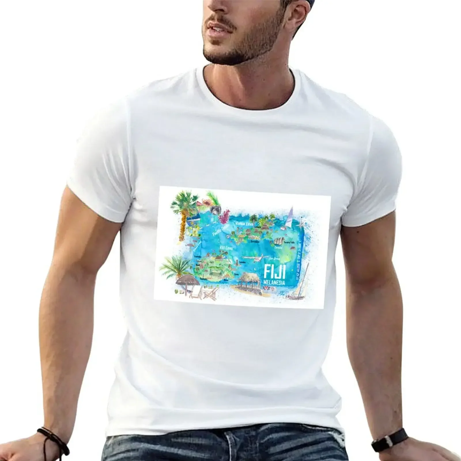 Fiji Illustrated Polynesia Island Travel Map with Roads and Highlights T-Shirt oversized graphics mens vintage t shirts