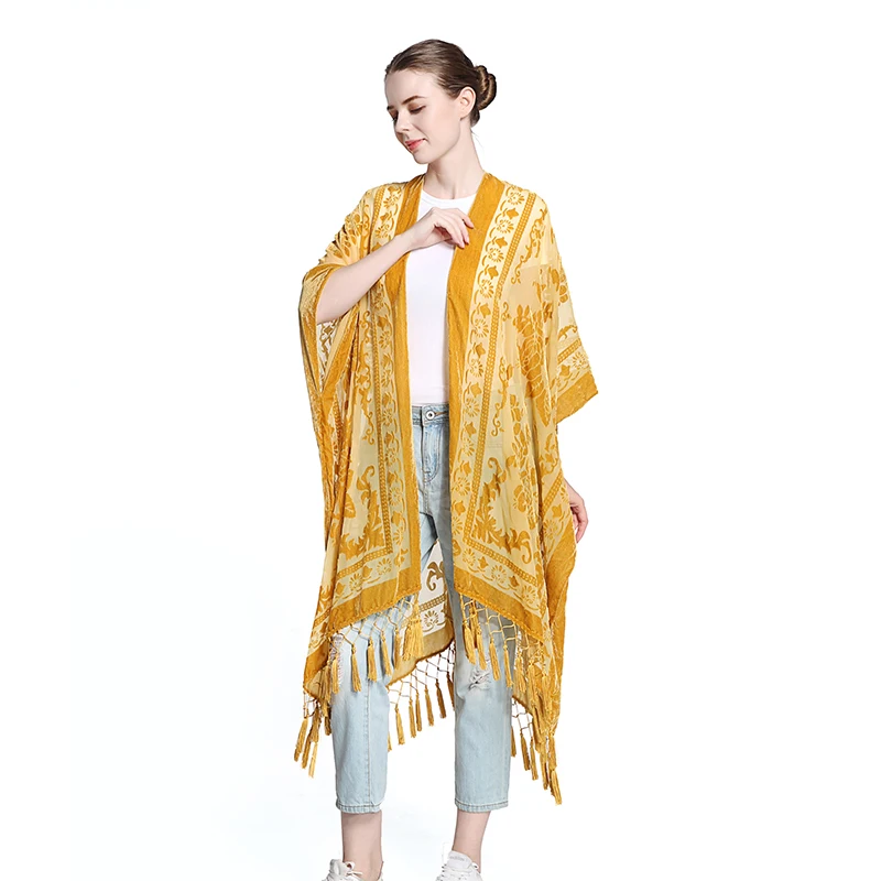 WeHello Burnout Velvet Kimono For Women Luxury Fashion Long Cardigan With Tassel Beach Cover-up Holiday Cardigan Shawl