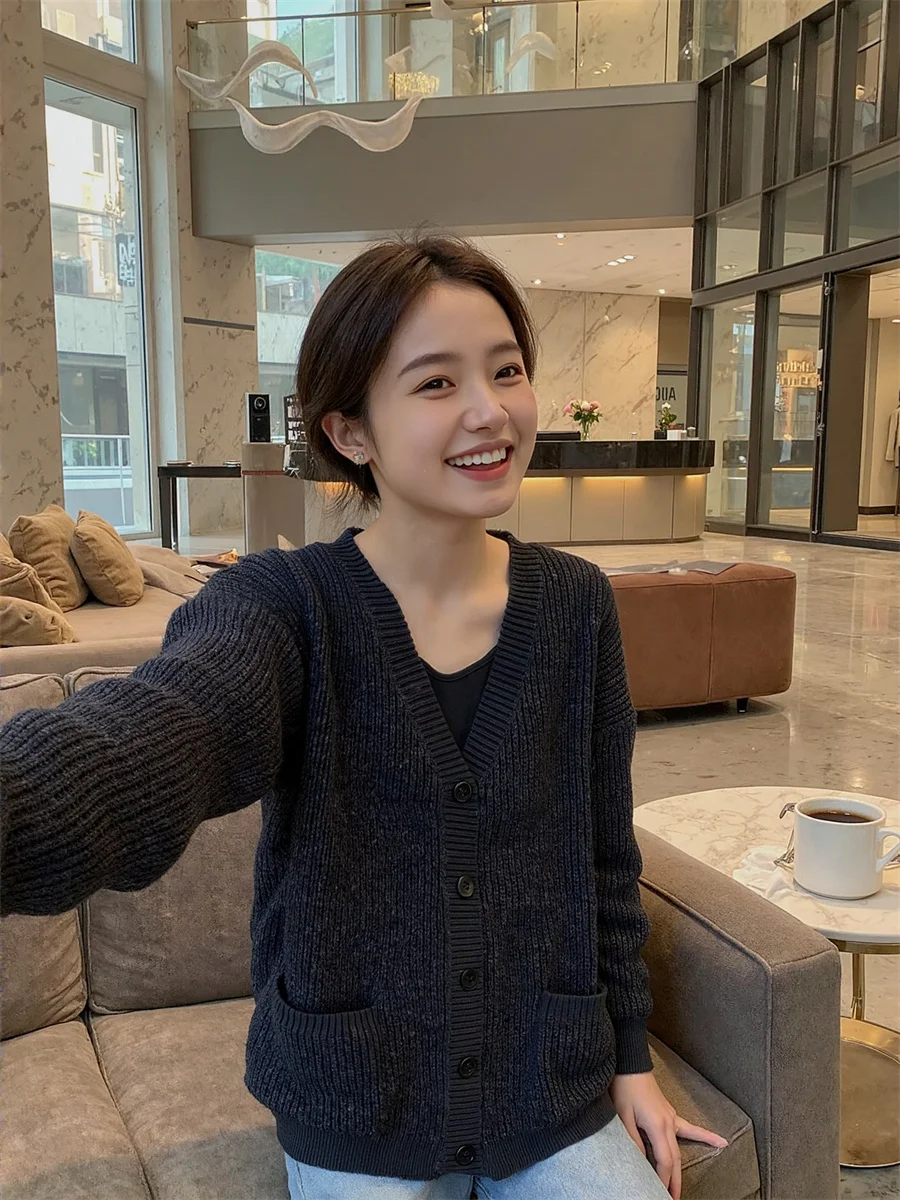 

Кардиганы с коротким v-образным вырезом, свободные однобортные вязаные свитера, джемперы, одежда для женщин осенью, без пуговиц, образ жизни, большие размеры