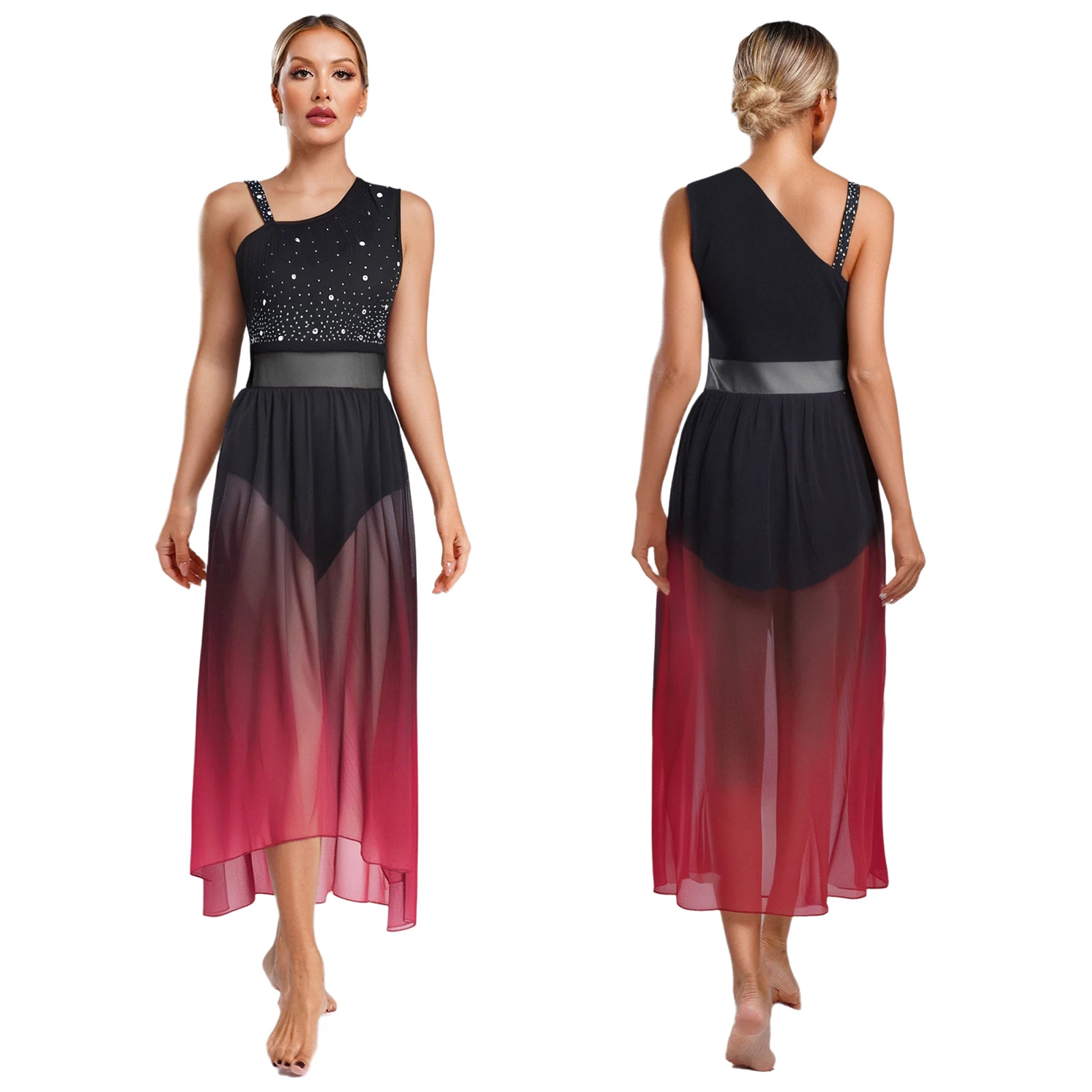 

Womens Modern Lyrical Dance Dress Asymmetrical Shoulder Glittery Straps Tassel Color High-low Hem Dress Built-in Brief Dancewear