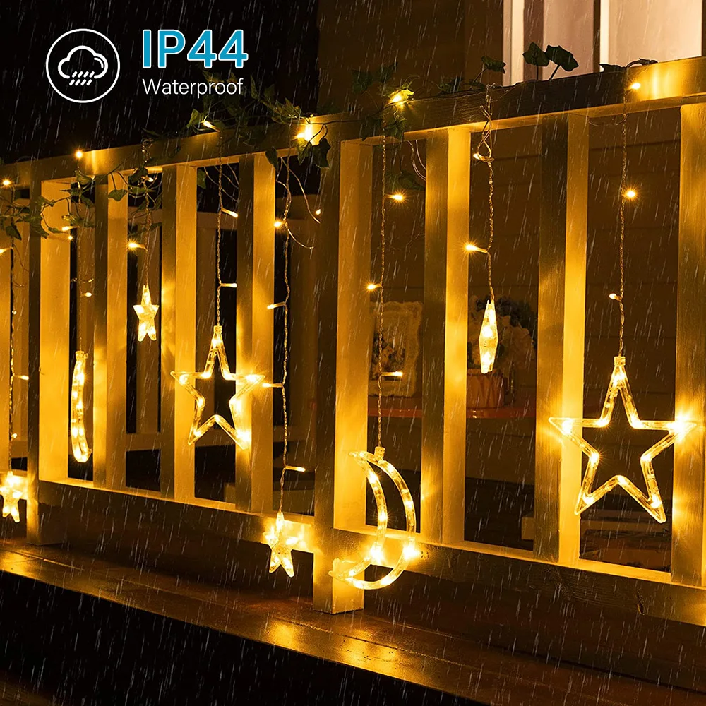 3.5M Warm White Moon Stars Curtain String Lights Icicle LED Light 8 Modes Waterproof for Room Home Wedding Party Decoration